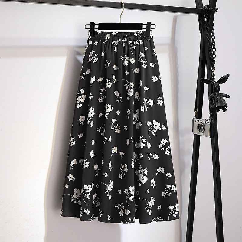 Plus Size Korean Monochrome Floral Midi Skirt