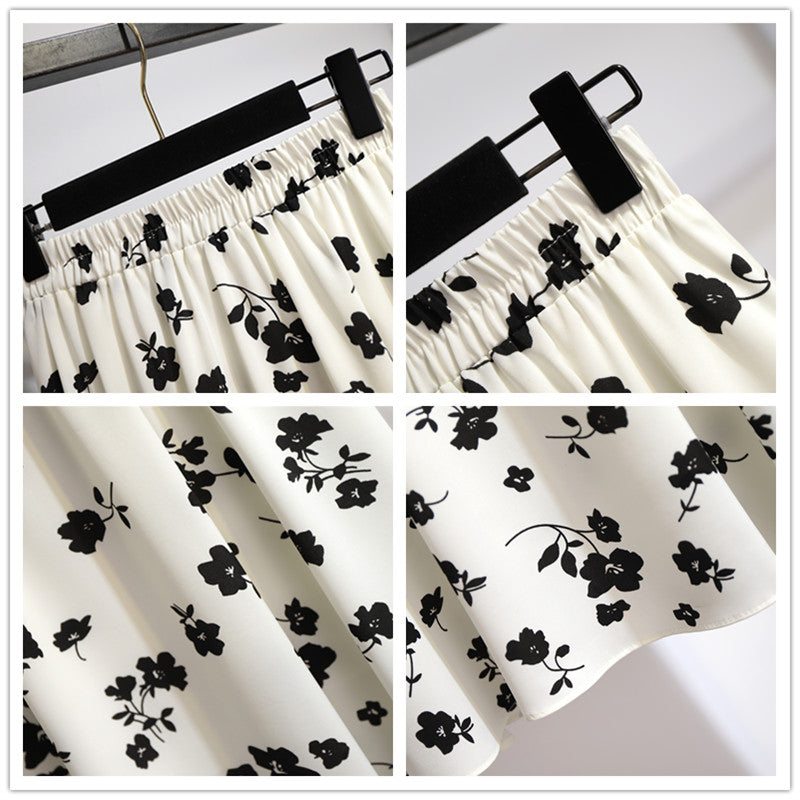 Plus Size Korean Monochrome Floral Midi Skirt