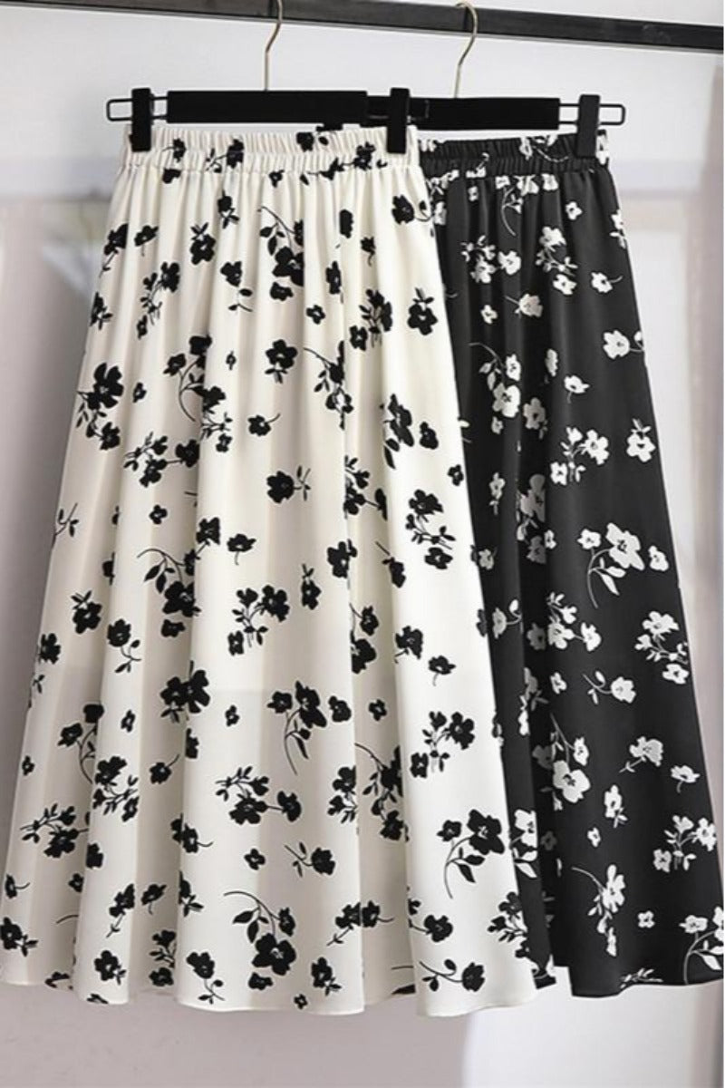 Plus Size Korean Monochrome Floral Midi Skirt