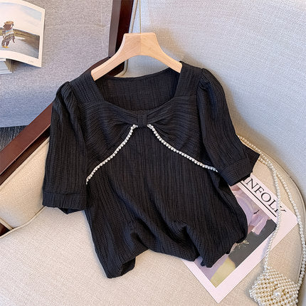 Plus Size Korean Pearls Ribbon Blouse