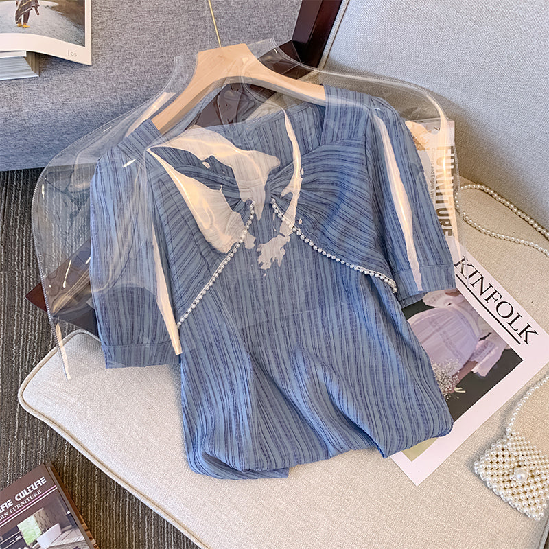 Plus Size Korean Pearls Ribbon Blouse