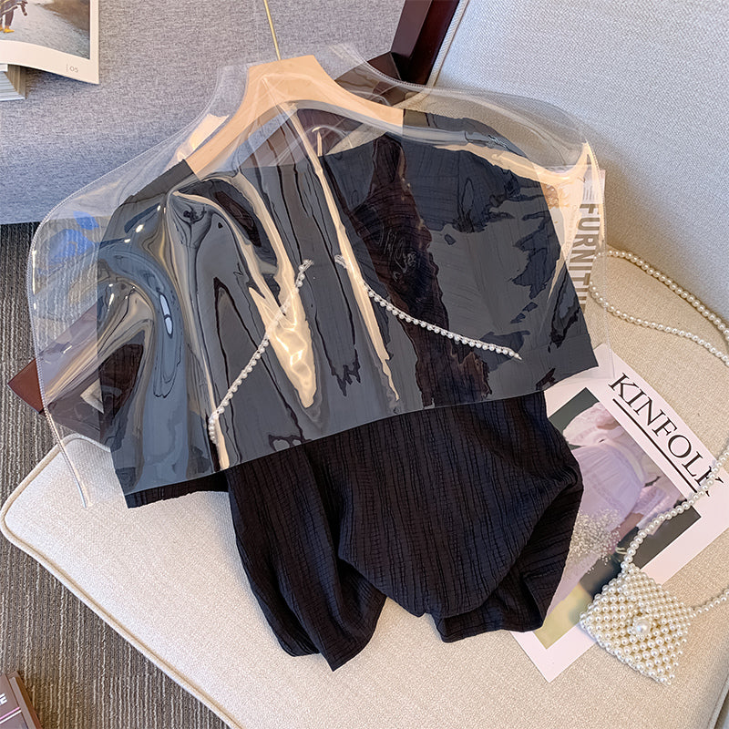 Plus Size Korean Pearls Ribbon Blouse
