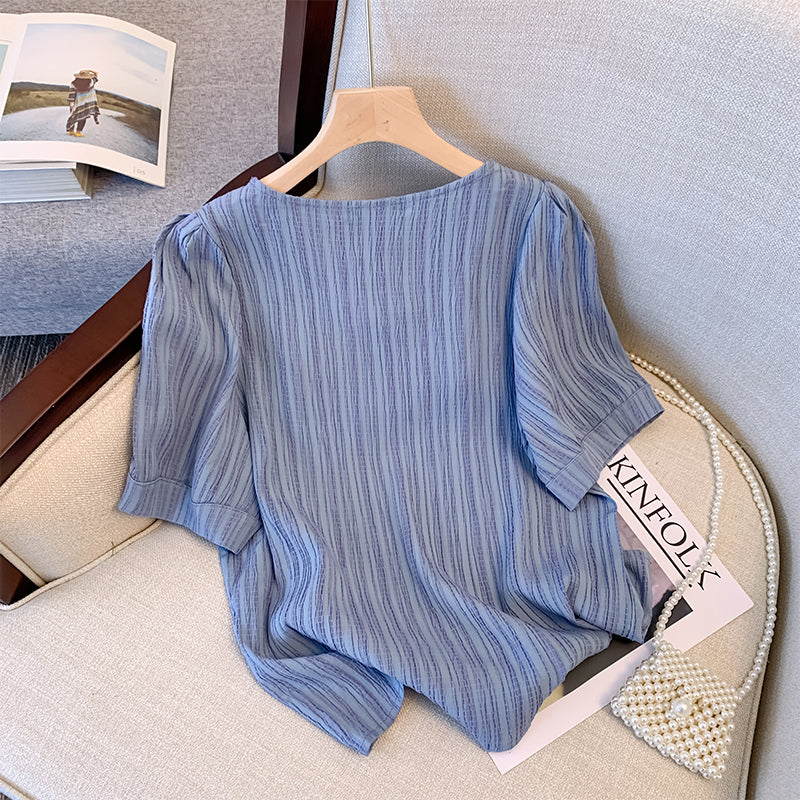 Plus Size Korean Pearls Ribbon Blouse