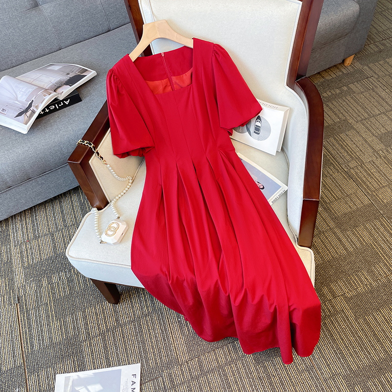 Plus Size Korean Pleat Square Neck Midi Dress