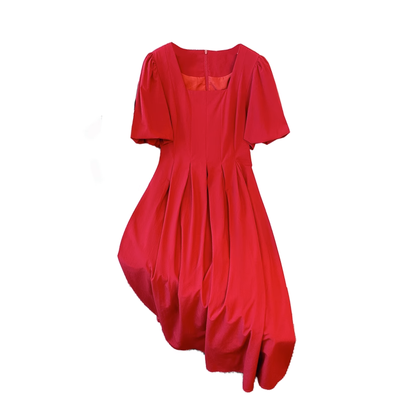 Plus Size Korean Pleat Square Neck Midi Dress