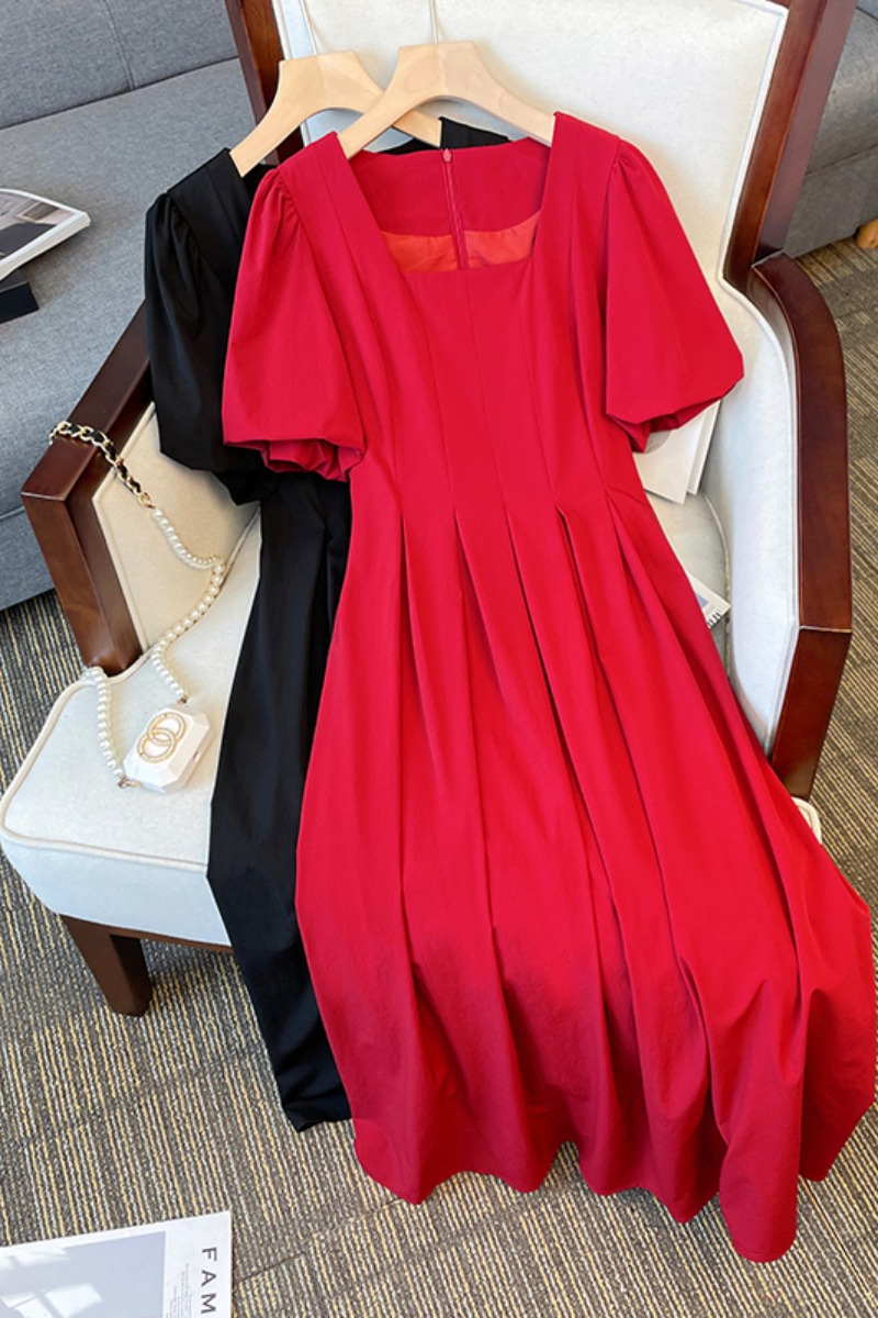 Plus Size Korean Pleat Square Neck Midi Dress