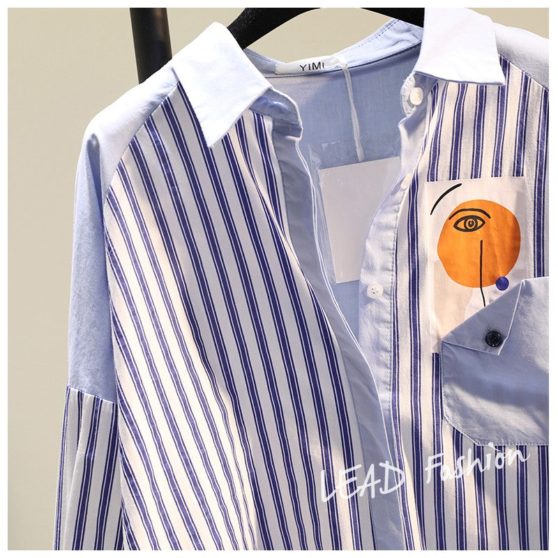 Plus Size Korean Shapes And Stripes Long Sleeve Tunic Shirt Blouse
