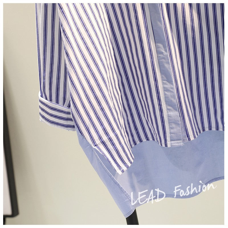 Plus Size Korean Shapes And Stripes Long Sleeve Tunic Shirt Blouse