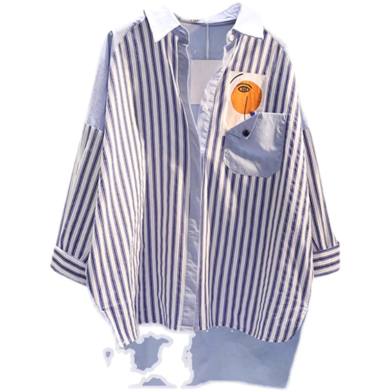 Plus Size Korean Shapes And Stripes Long Sleeve Tunic Shirt Blouse