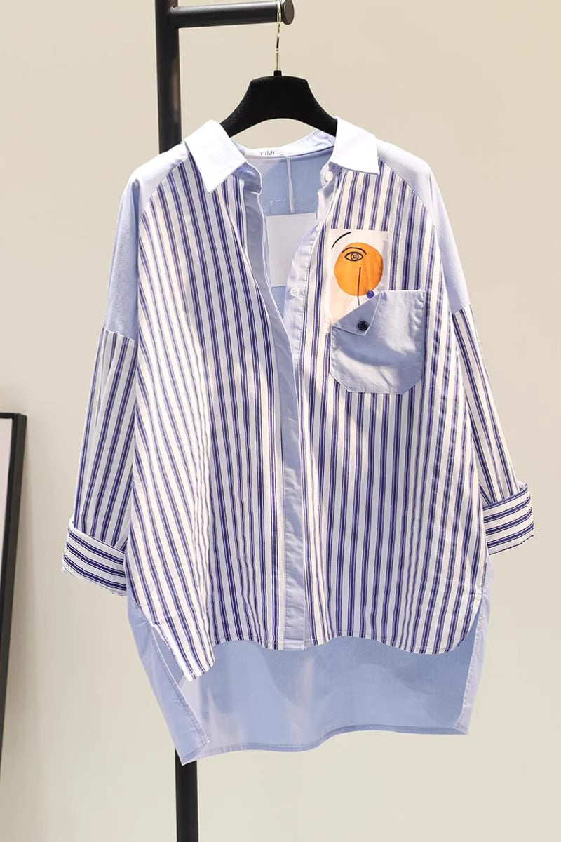 Plus Size Korean Shapes And Stripes Long Sleeve Tunic Shirt Blouse
