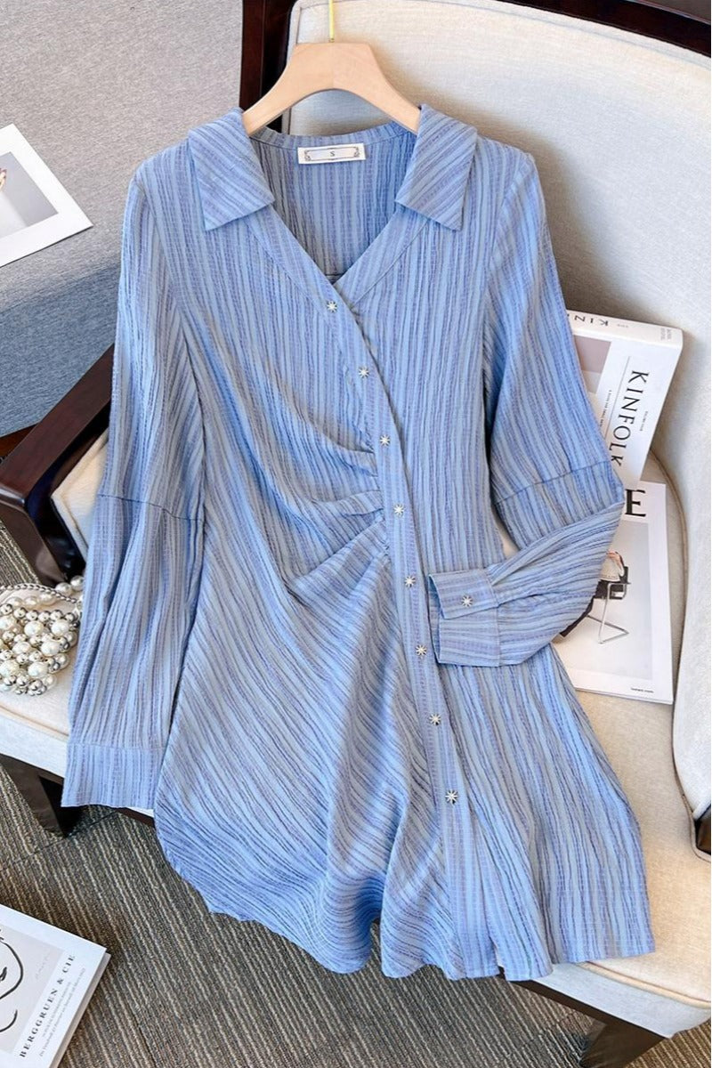 Plus Size Korean Textured Long Sleeve Shirt Dress