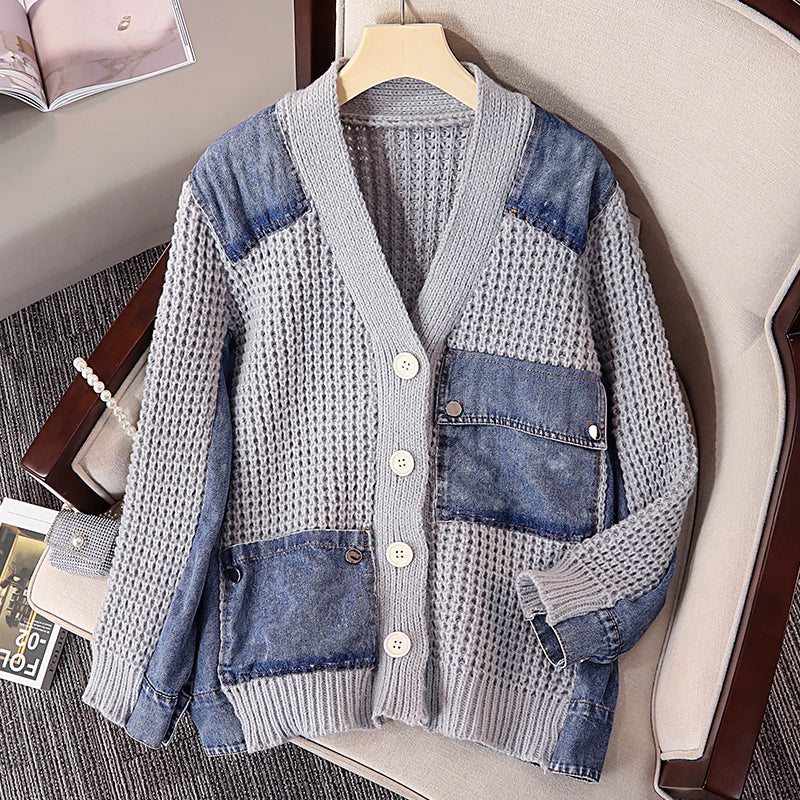Plus Size Korean Thick Knit Denim Pattern Cardigan Jacket