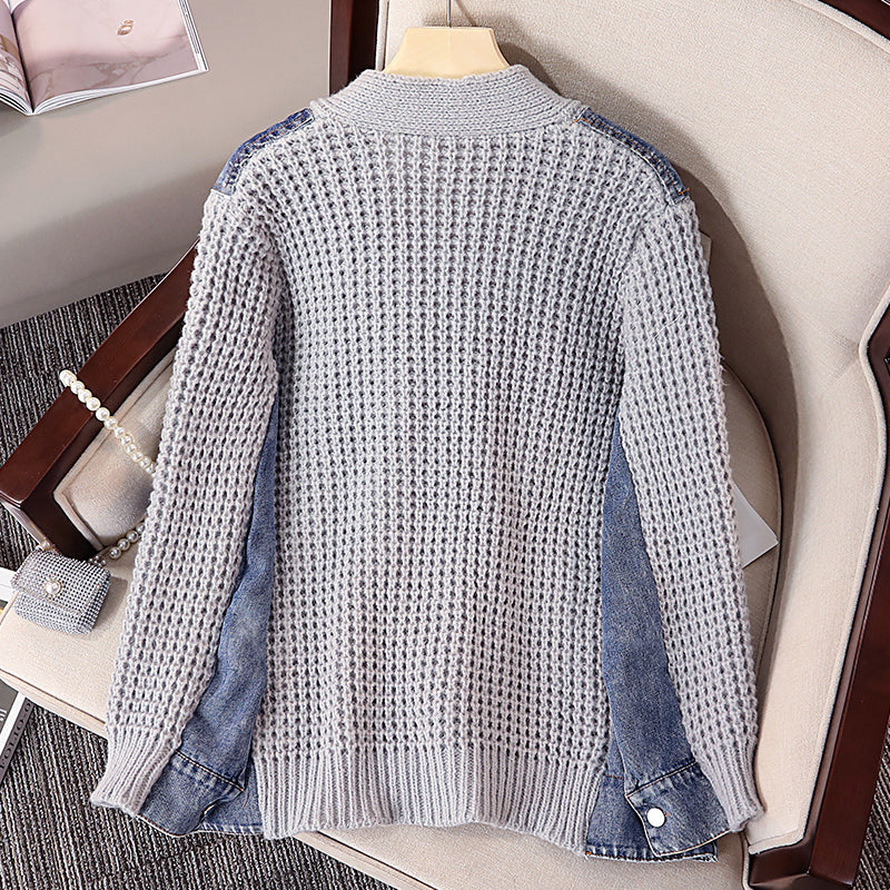 Plus Size Korean Thick Knit Denim Pattern Cardigan Jacket