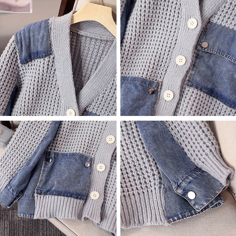 Plus Size Korean Thick Knit Denim Pattern Cardigan Jacket