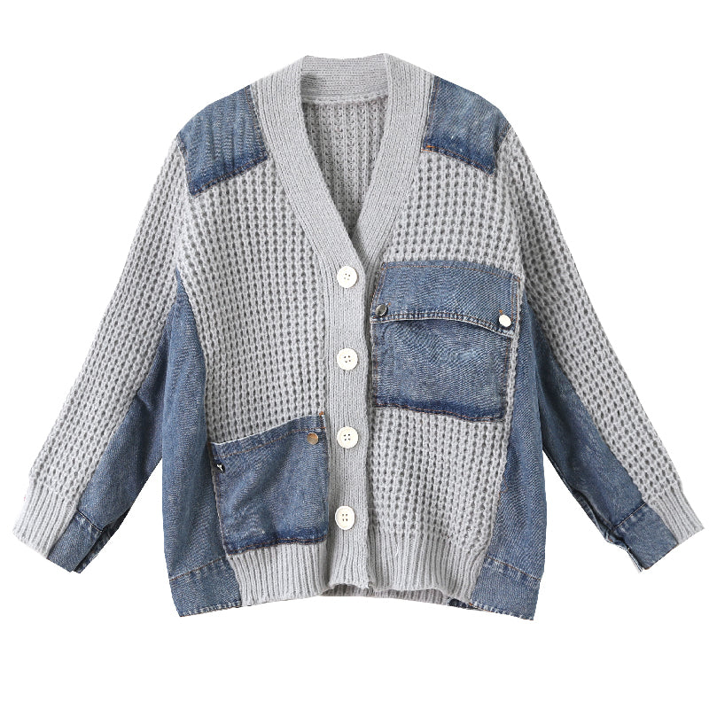 Plus Size Korean Thick Knit Denim Pattern Cardigan Jacket