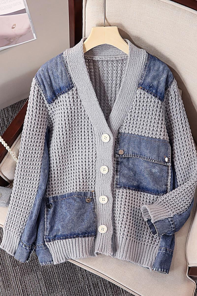 Plus Size Korean Thick Knit Denim Pattern Cardigan Jacket