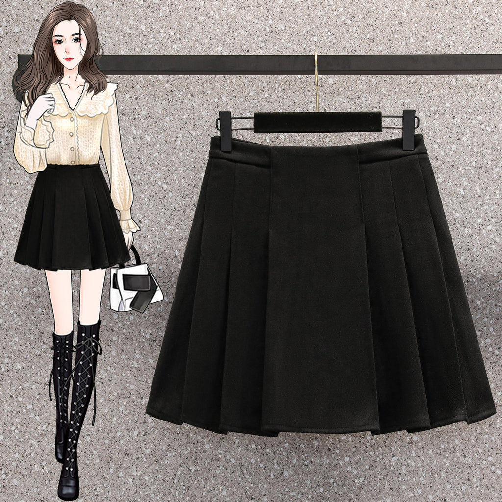 Plus Size Korean Woolen Pleat Mini Skirt