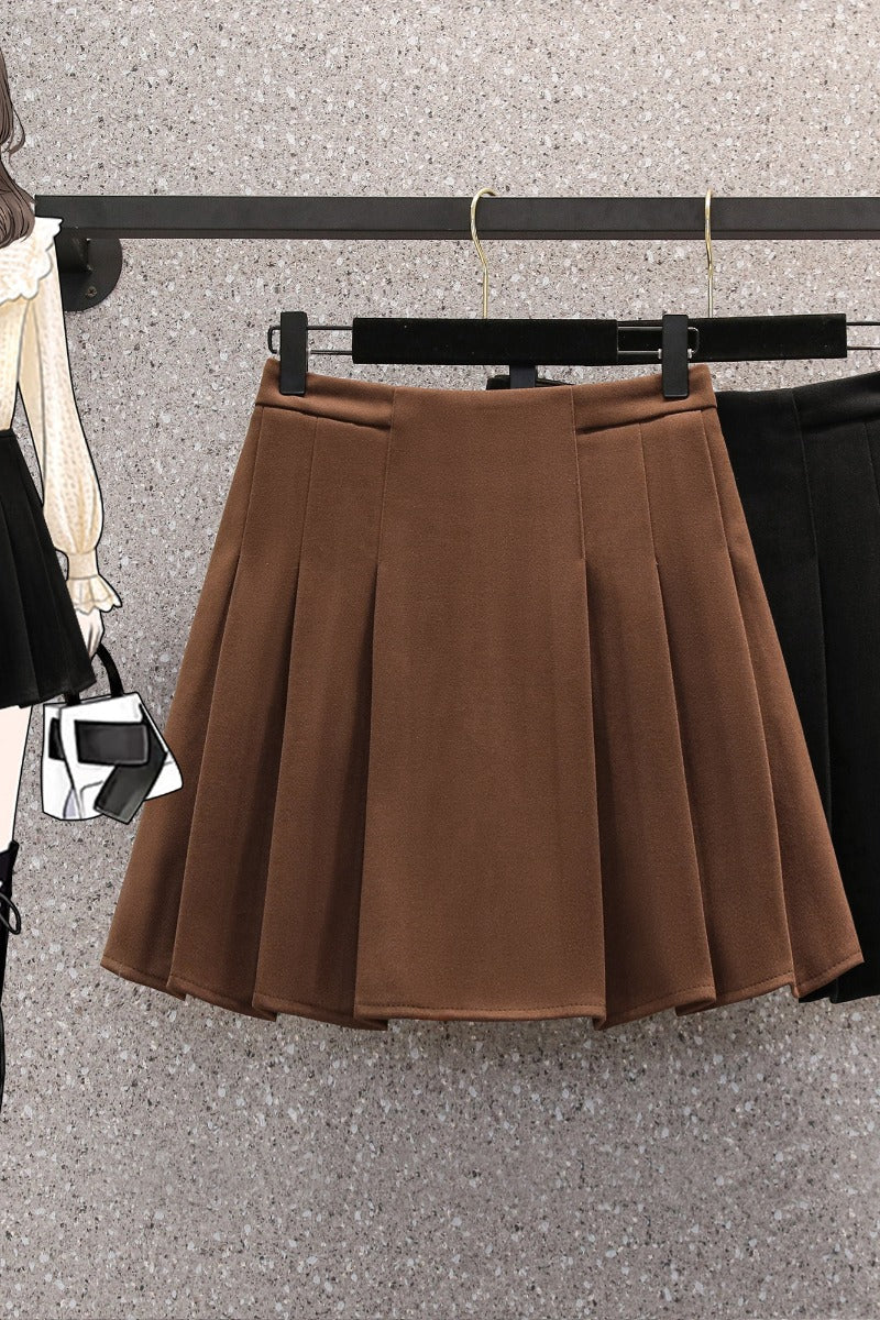 Plus Size Korean Woolen Pleat Mini Skirt