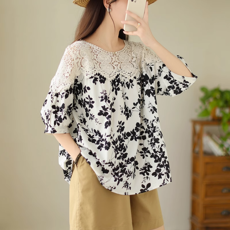 Plus Size Lace Floral A Line Blouse