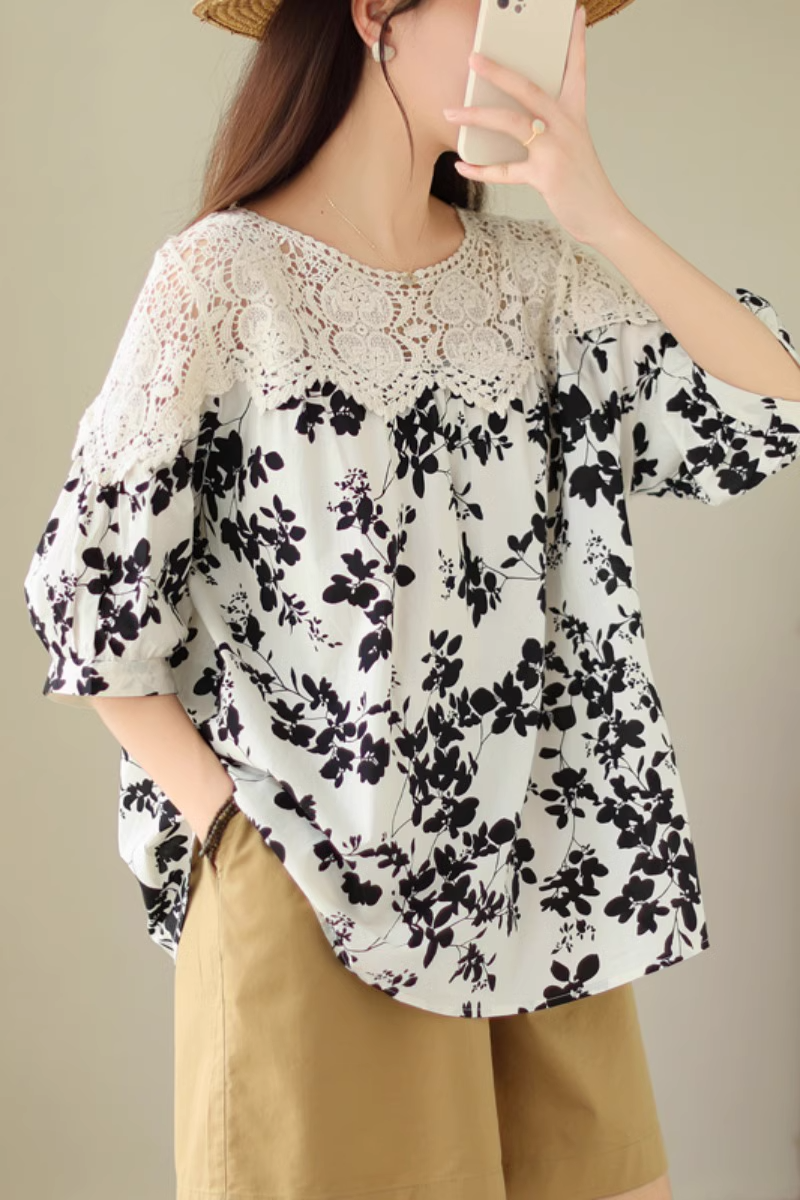 Plus Size Lace Floral A Line Blouse
