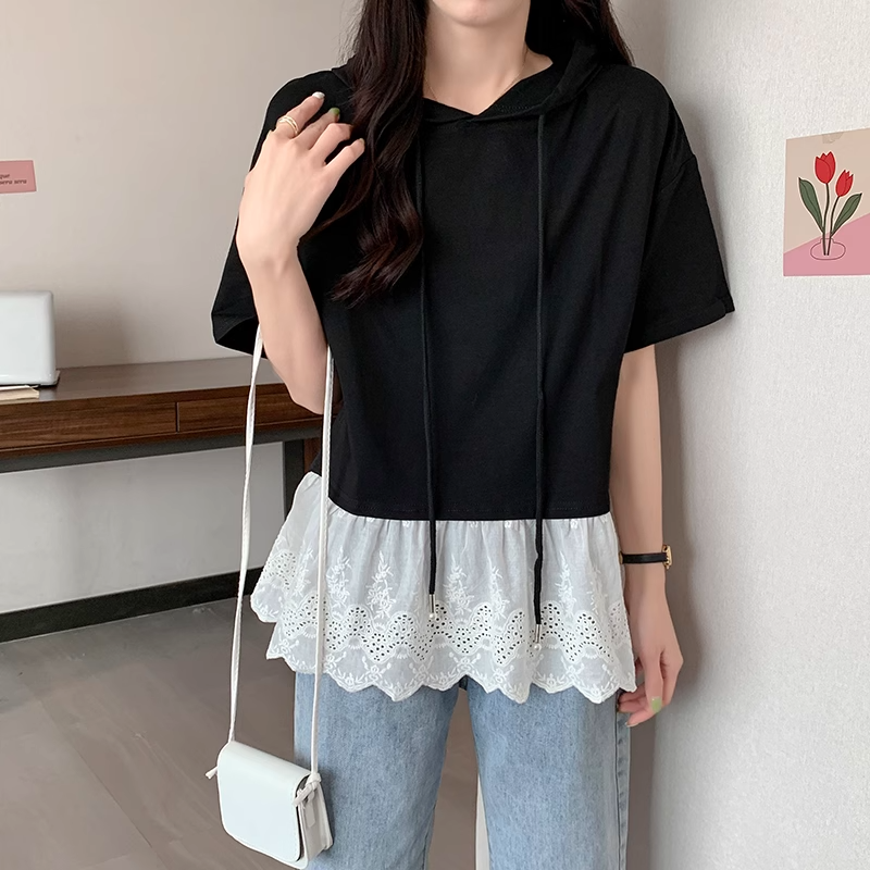 Plus Size Lace Hem Hooded Top
