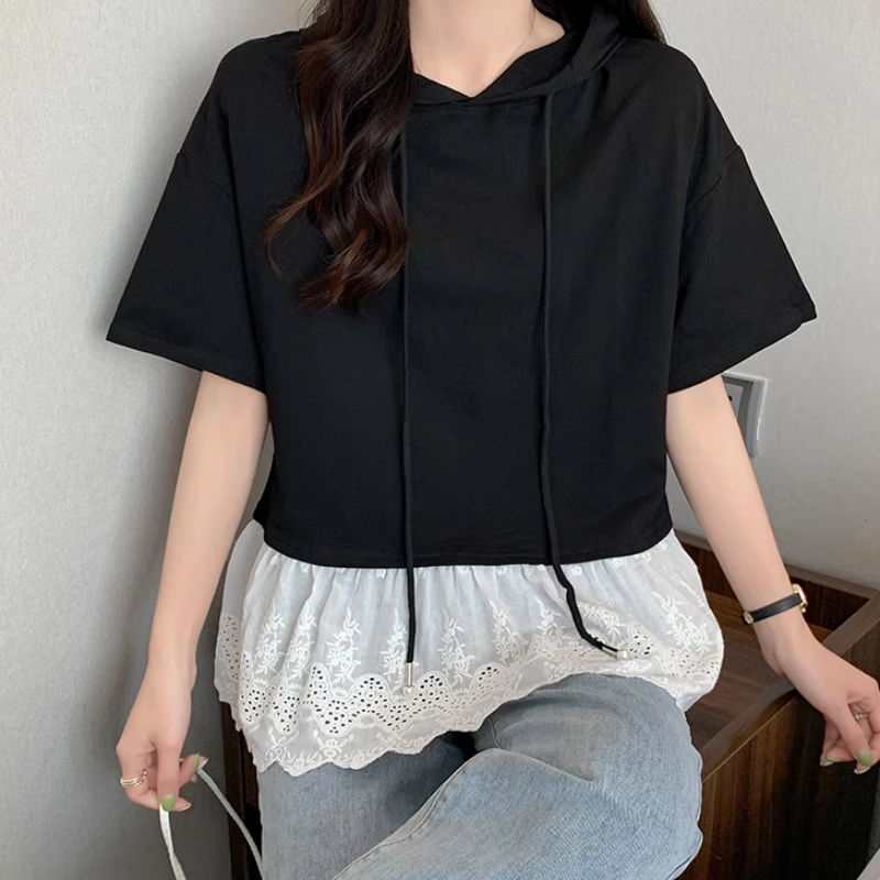 Plus Size Lace Hem Hooded Top