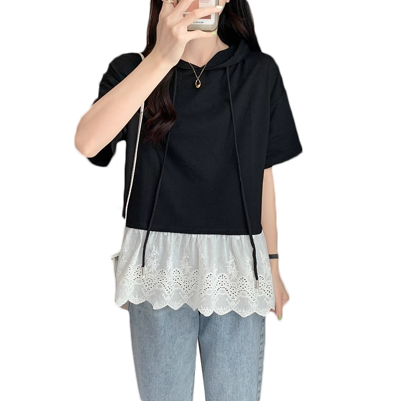 Plus Size Lace Hem Hooded Top