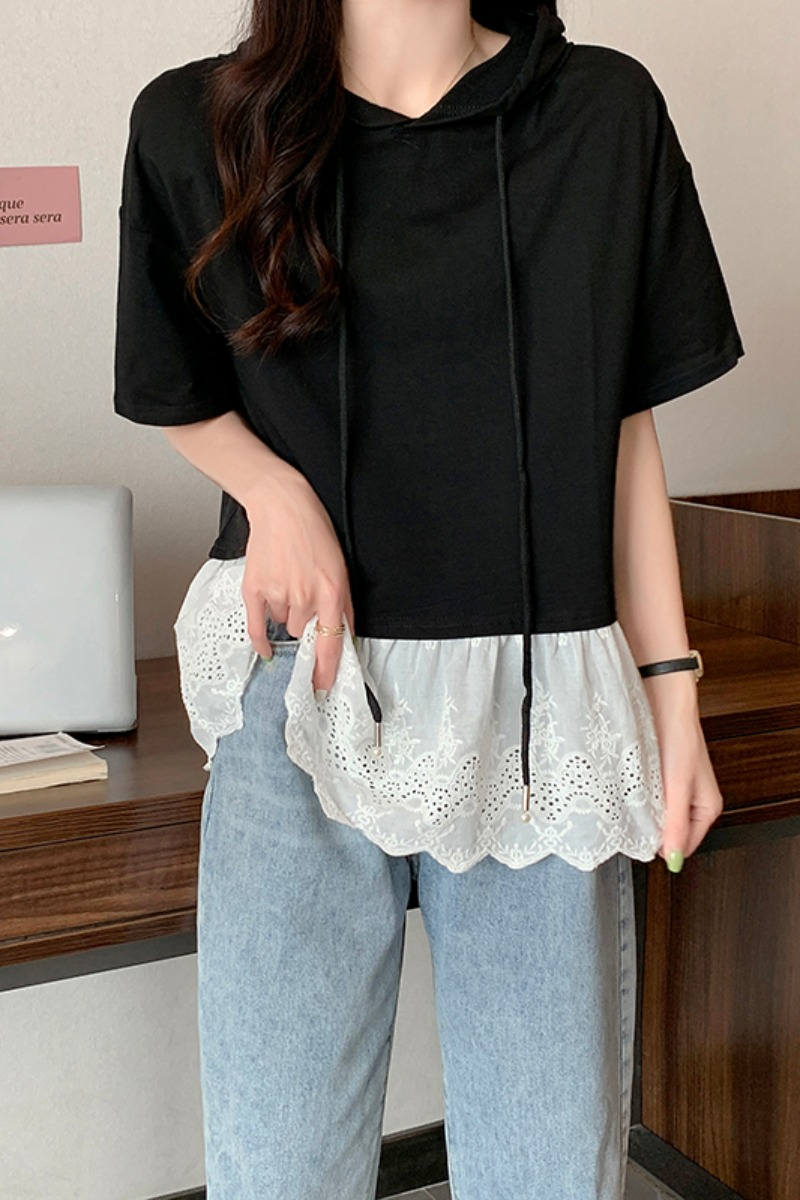 Plus Size Lace Hem Hooded Top