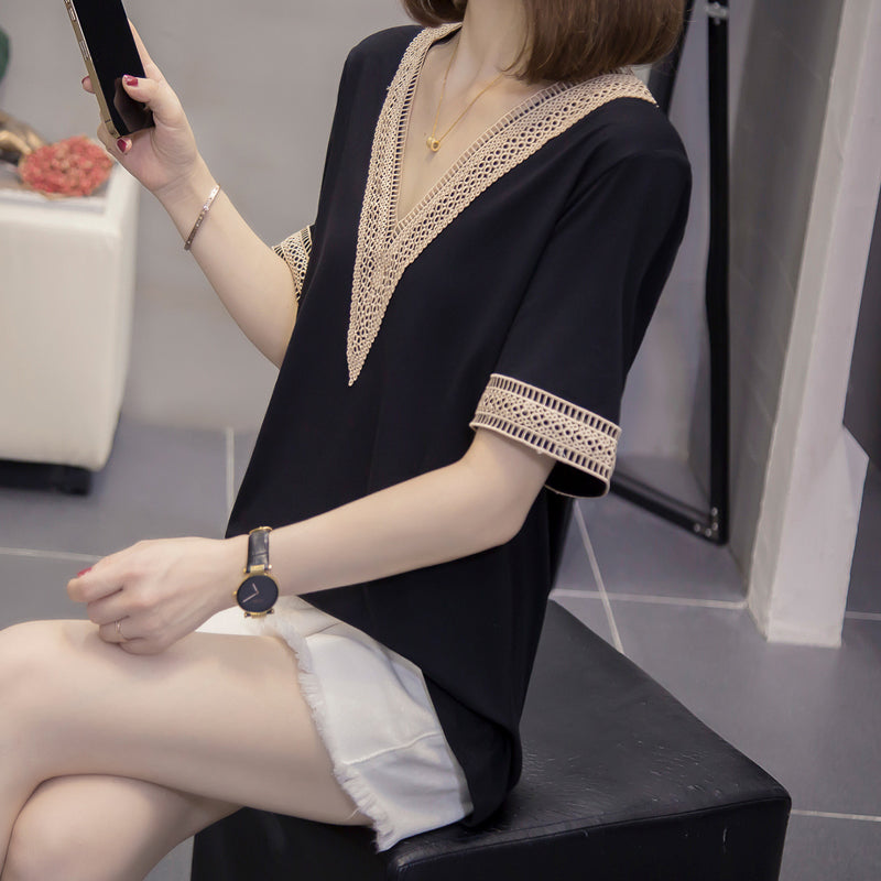 Plus Size Lace V Neck Blouse