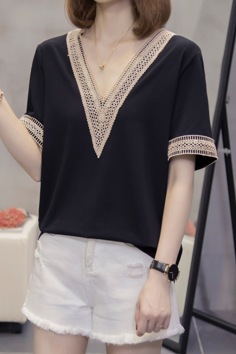 Plus Size Lace V Neck Blouse