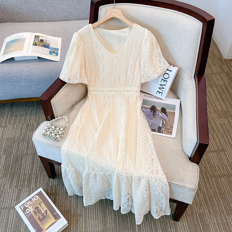 Plus Size Lace V Neck Midi Party Dress