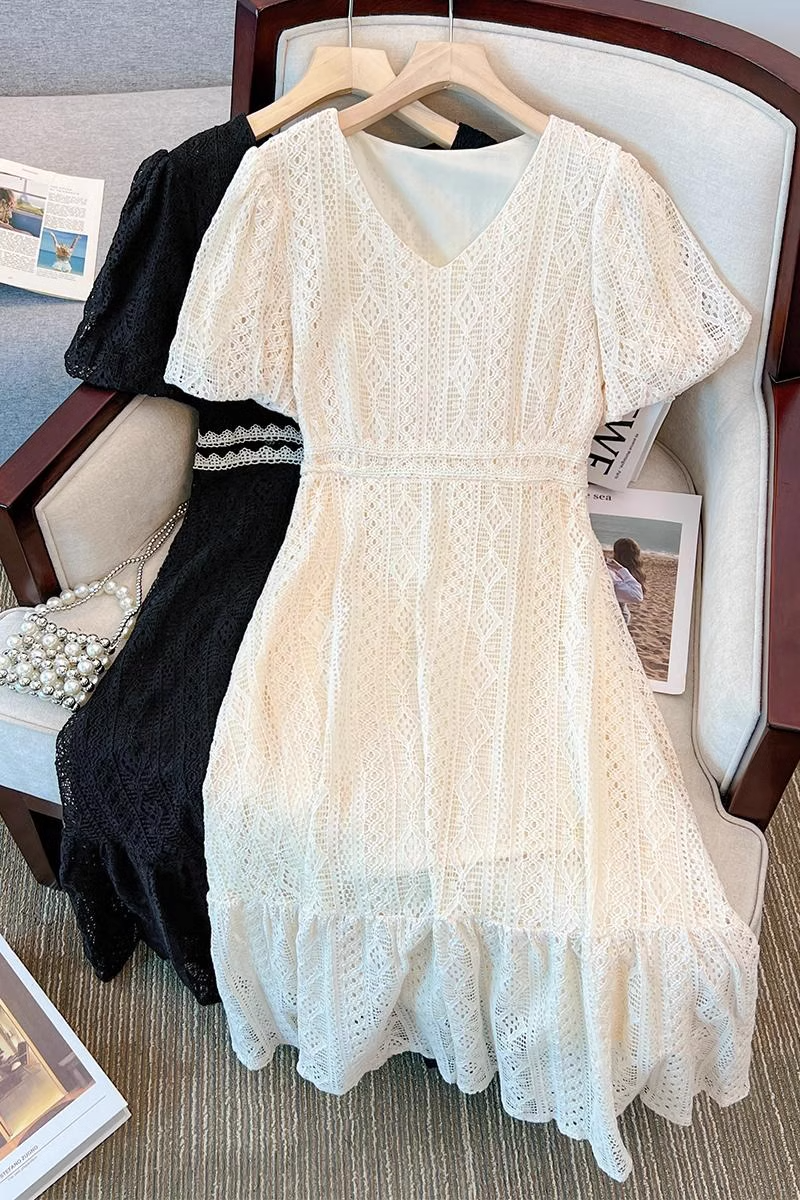 Plus Size Lace V Neck Midi Party Dress