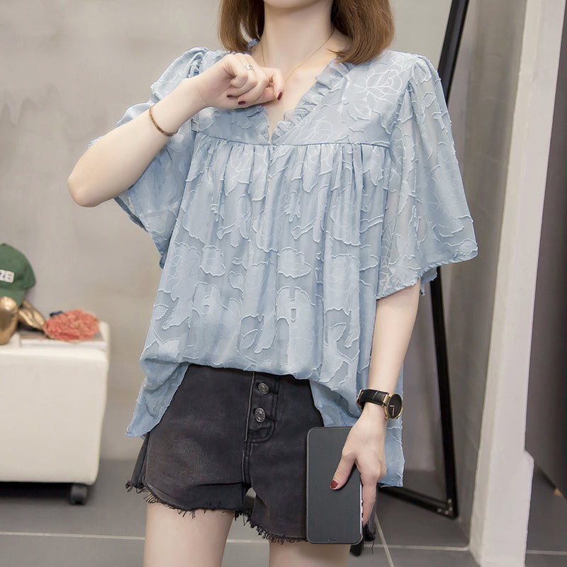 Plus Size Loose Textured V Neck Blouse