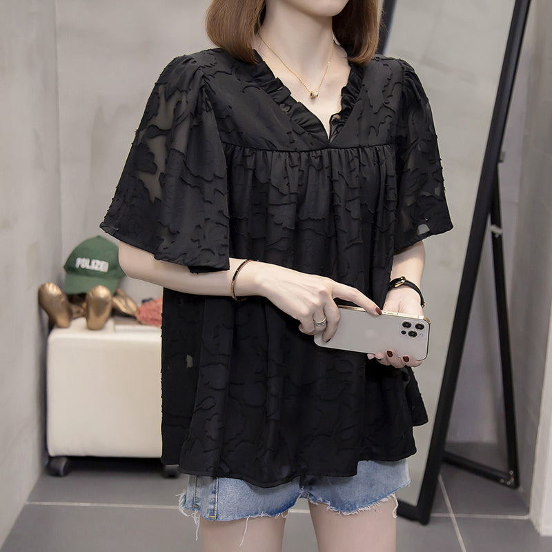 Plus Size Loose Textured V Neck Blouse