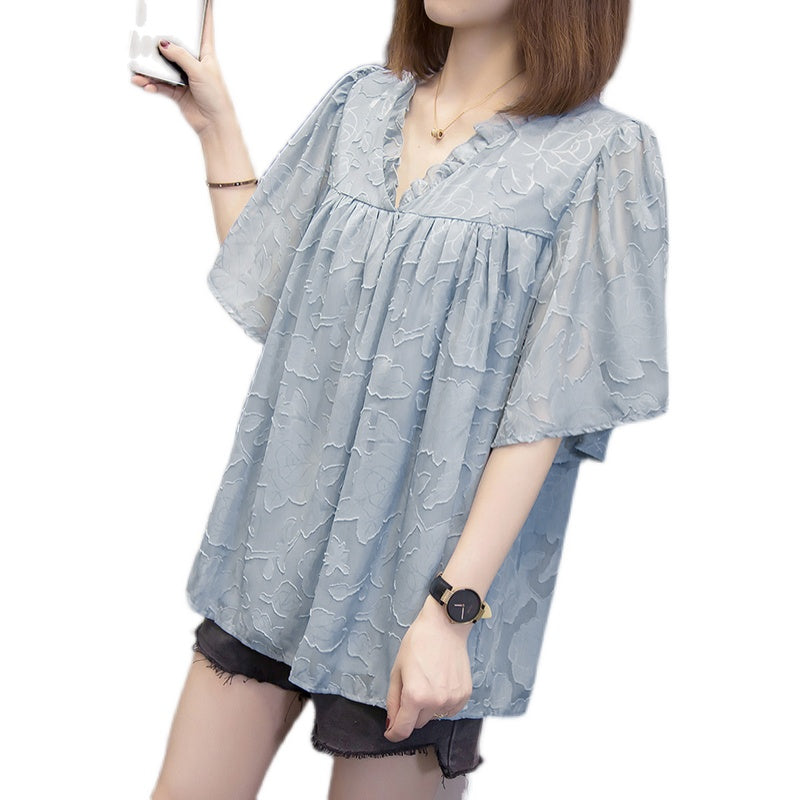 Plus Size Loose Textured V Neck Blouse