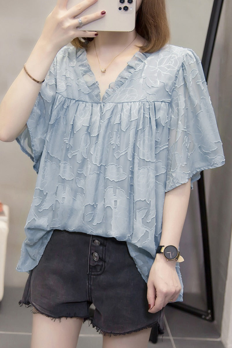 Plus Size Loose Textured V Neck Blouse