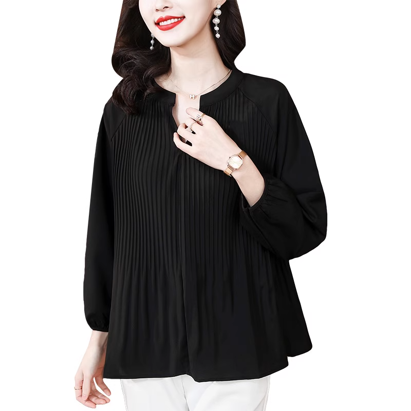 Plus Size Modern Pleats Long Sleeve Blouse