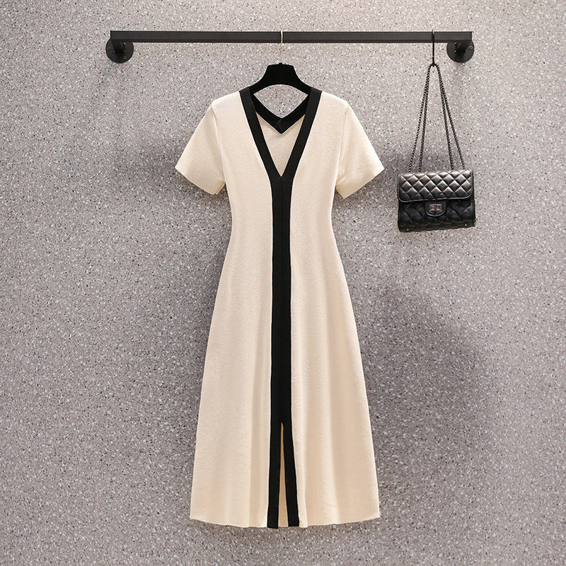 Plus Size Monochrome Knit V Neck Dress