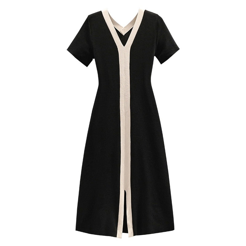 Plus Size Monochrome Knit V Neck Dress