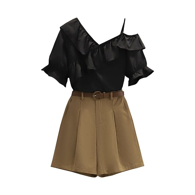 Plus Size Off Shoulder Blouse And Trouser Shorts Set