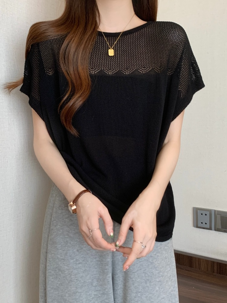 Plus Size Partially See Through Knit Blouse