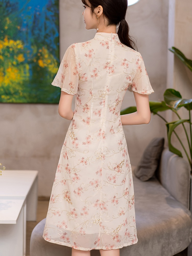 Plus Size Pink Floral Embroidered Cheongsam Dress