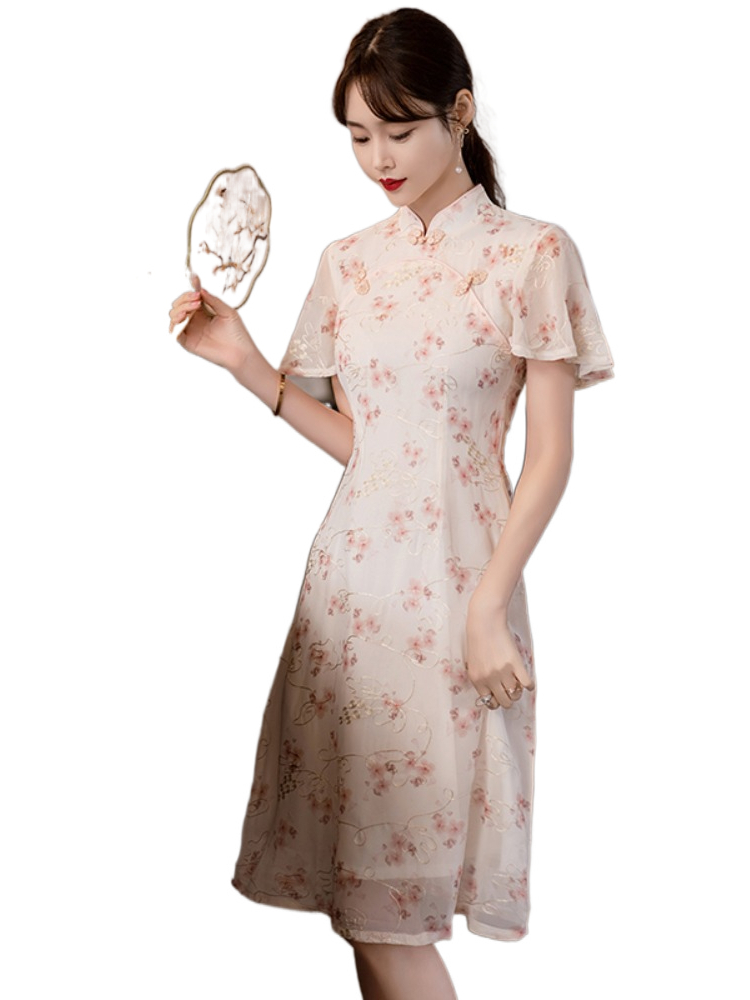 Plus Size Pink Floral Embroidered Cheongsam Dress