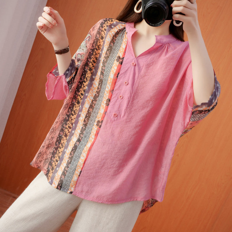 Plus Size Pink Notch Neck Blouse
