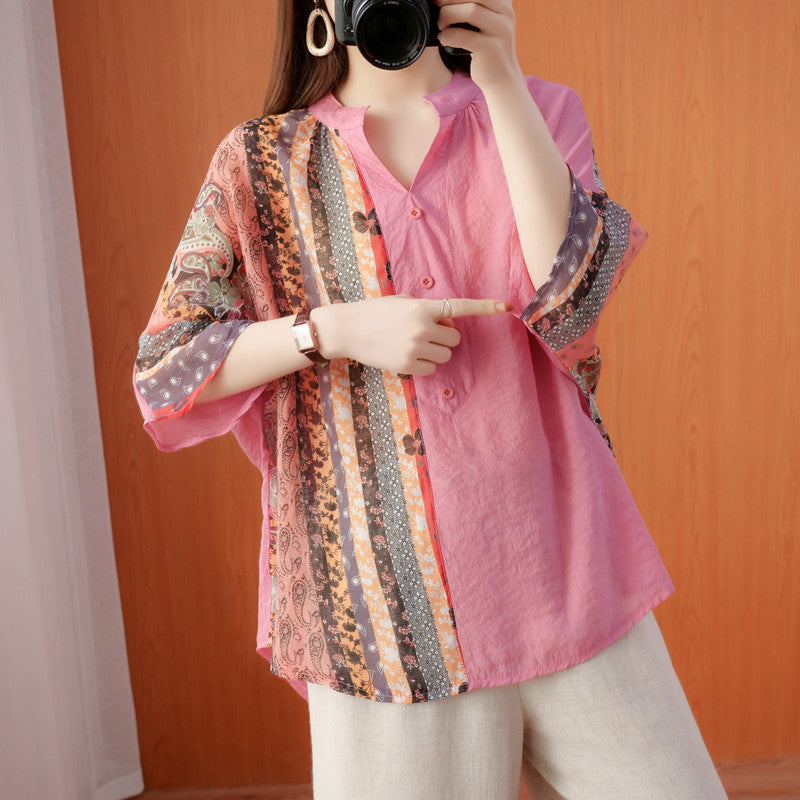 Plus Size Pink Notch Neck Blouse