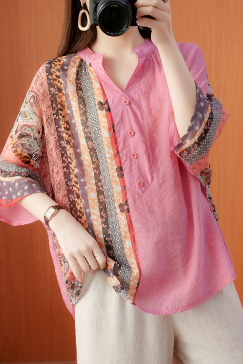 Plus Size Pink Notch Neck Blouse