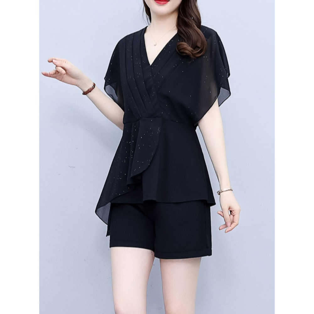 Plus Size Pleat Chiffon Layer Wrap V Neck Kimono Blouse