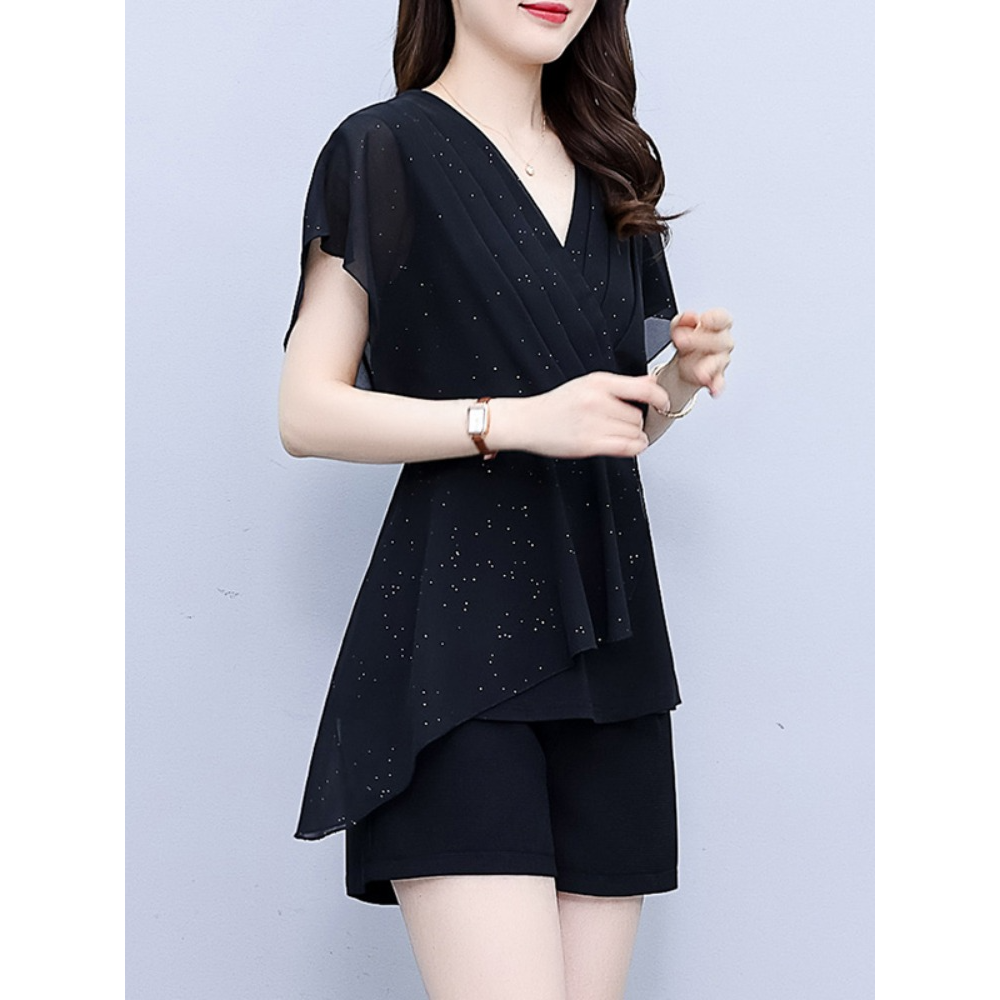 Plus Size Pleat Chiffon Layer Wrap V Neck Kimono Blouse