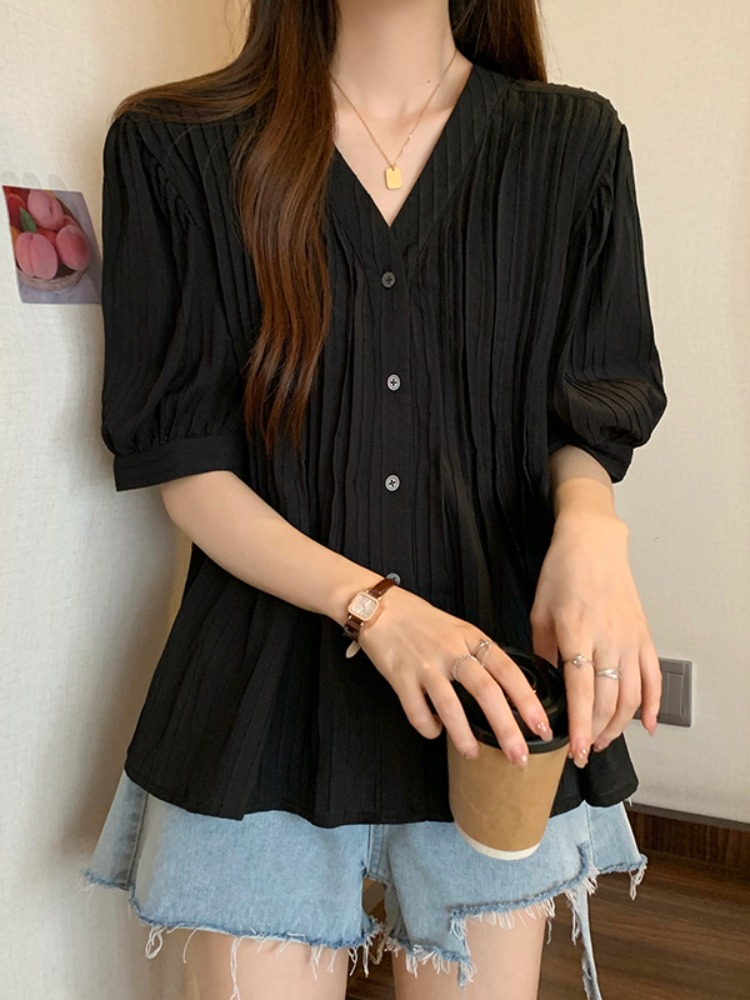 Plus Size Pleats Frill Button Blouse