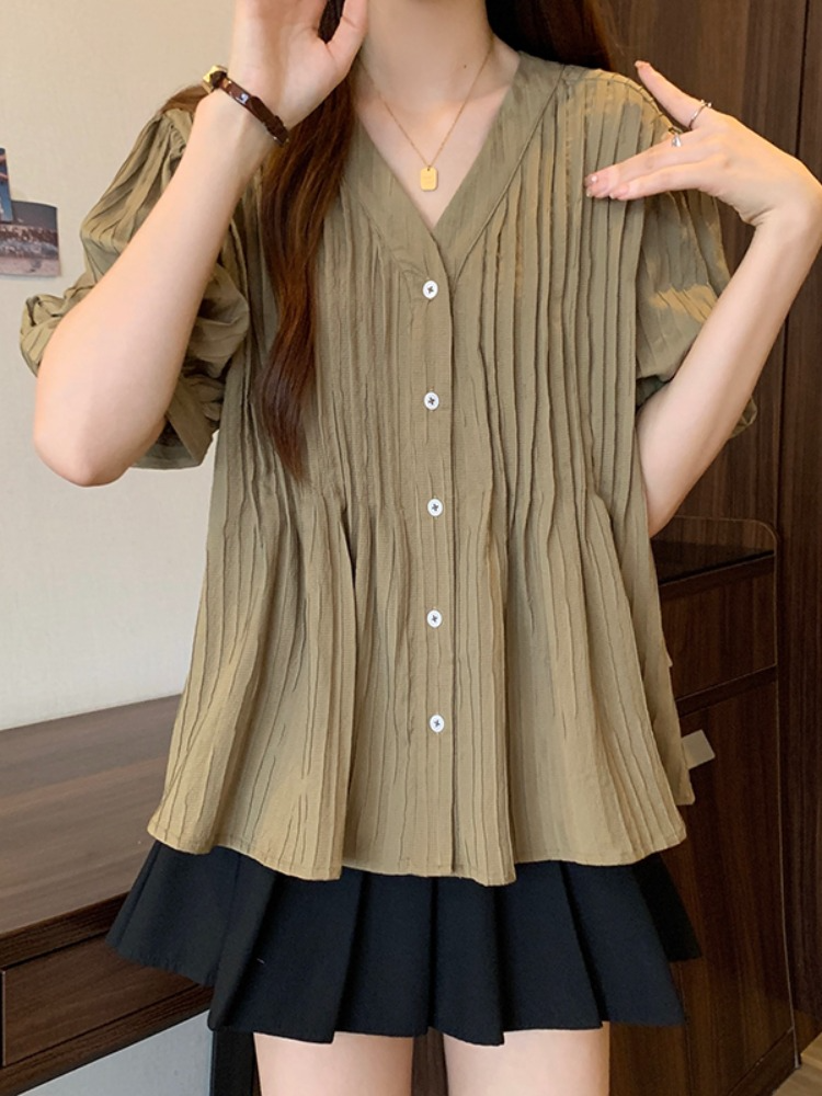 Plus Size Pleats Frill Button Blouse